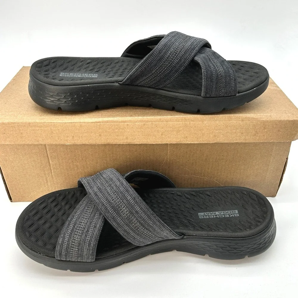 Womens Sandals Skechers GO WALK Flex Impressed Size 10 Vegan Black Gray NEW